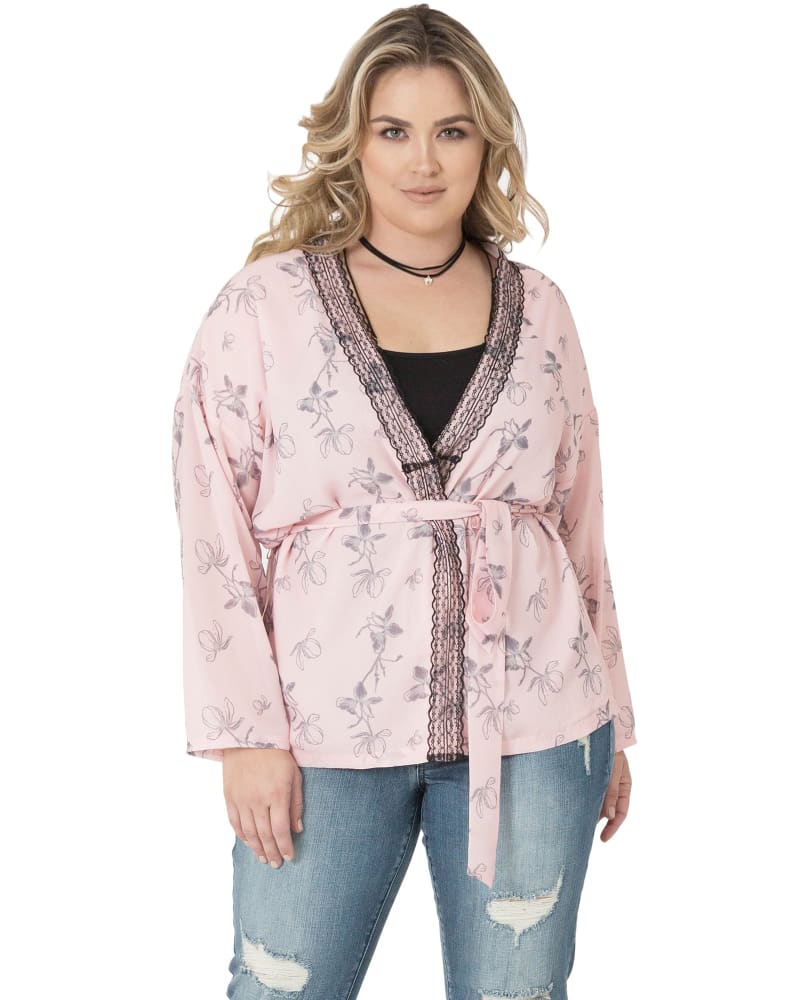 Front of a model wearing a size 1X Laura Kimono Cardigan in Pink by Standards & Practices. | dia_product_style_image_id:276190